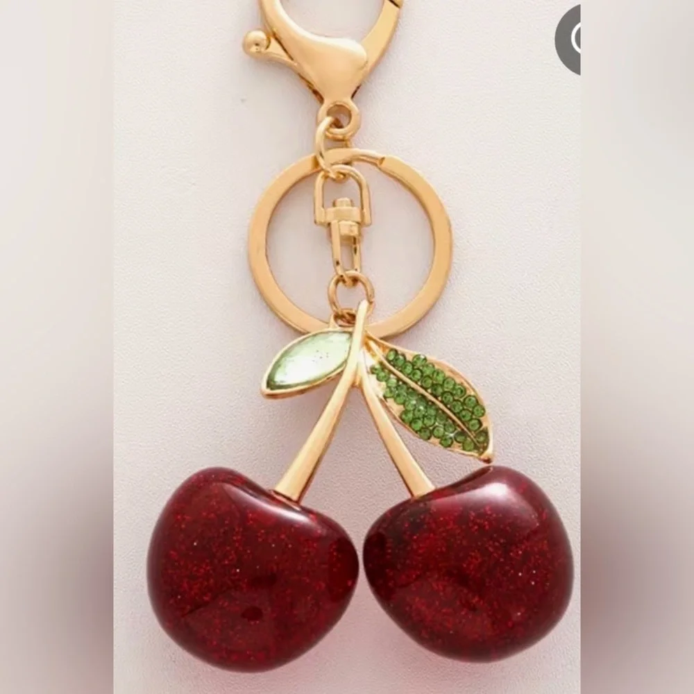 Cherry Keychain with Green Leaves & Gold - Red Accents